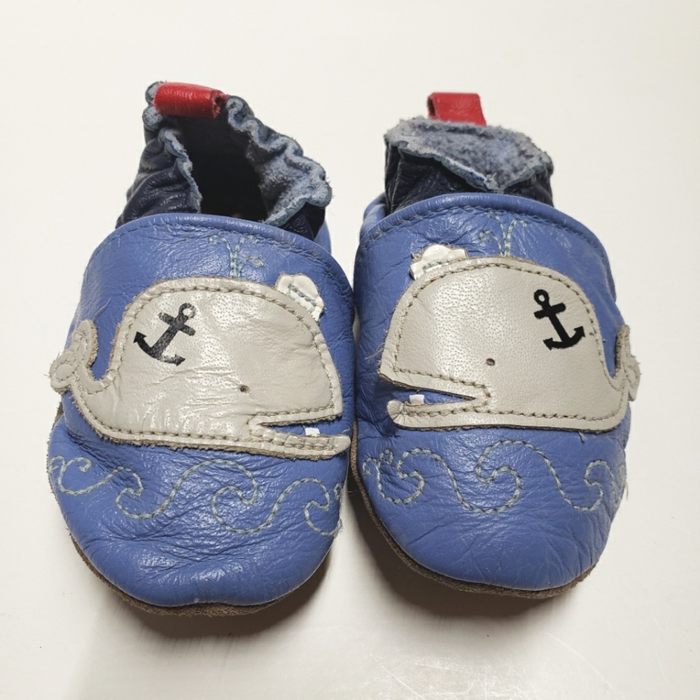 Robeez leather blue whales baby slip on moccasin shoes, soft soles 0-6M